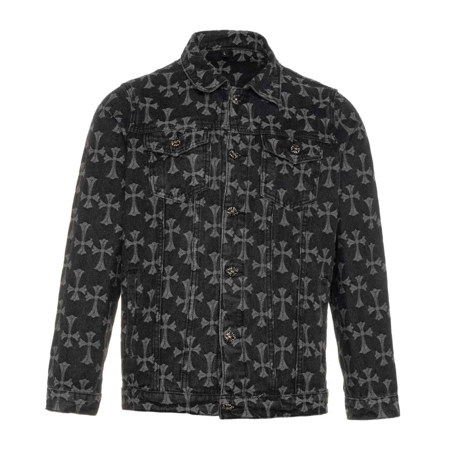 P240 Chrome Hearts double-sided heavy-duty denim jacket with LOGO jacquard and dark pattern printed all over. The same style as the Internet celebrity star. The cross-printed denim jacket has a unique cross design element and all-over printing, which is full of design. It is made of 100% denim cotton fabric with heavy coarse yarn count, which ensures a stiff and tough silhouette while being soft, comfortable and breathable. The lapel is designed with silver buttons and is full of texture. The classic white cross logo is all over the dress, making it a perfect versatile style for spring and summer! Customized jacquard fabric, you can wear it in various styles. This gender-neutral shirt is a must-have for nightclubs. It can be worn as a jacket for both men and women. It can be easily worn by both men and women! The original loose version is made of high-quality pure cotton fabrics. The fabric pattern is high-definition and delicate without burrs. It is comfortable and breathable to wear. All the buttons are molded and customized. It is casual and fashionable and can be matched with any bottoms. It can be windproof and sunproof in spring and summer. It can be worn outside in autumn and winter! Easily concave shape makes you look slimmer and taller, perfect for both men and women! Style number: 1649# Color: Black Size: S M L XL